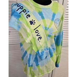Puppy Love Size SMALL Blue Green Tie Dye Long Sleeve Logo Crew Neck Dog Hippie